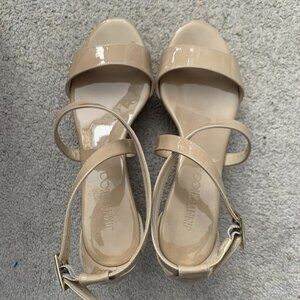 Jimmy Choo Beige Patent Leather Portia 120 Cork Heel Wedges